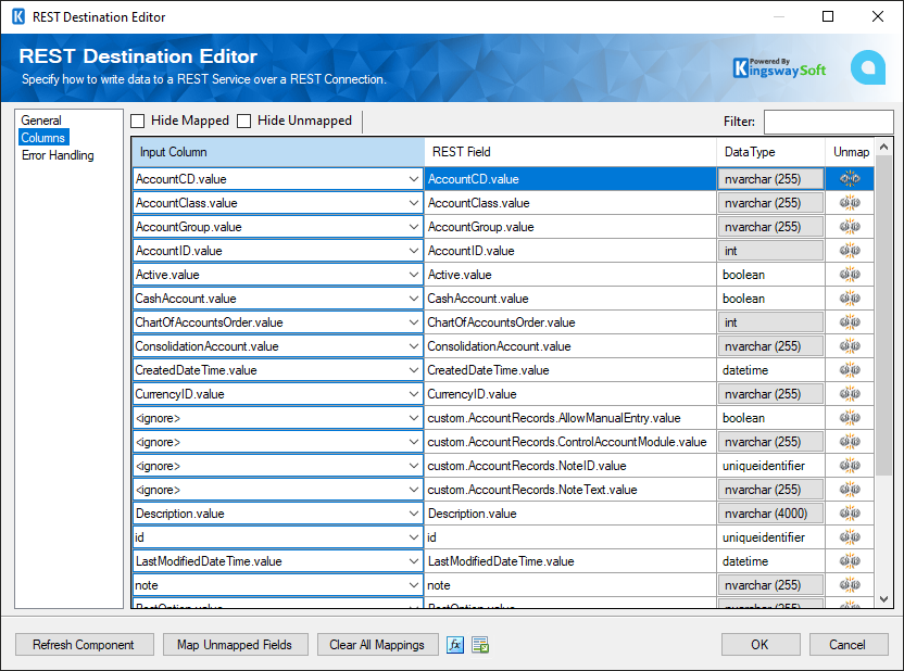 SSIS REST Acumatica Destination - Columns